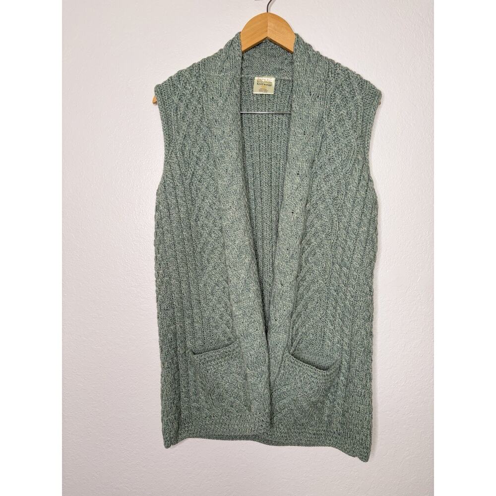 Kilronan Merino Wool Open Front Vest in Seafoam Green with Pockets Size Small